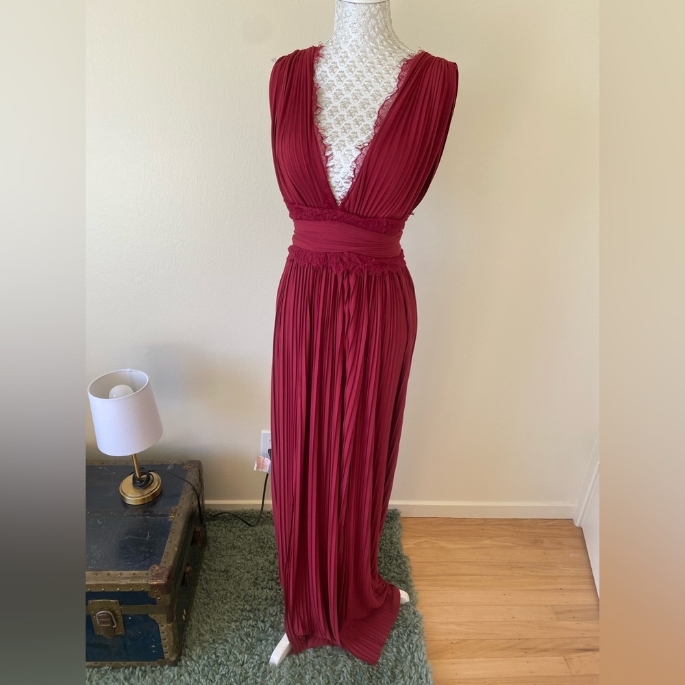 Asos deep v neck red gown with lace detailing